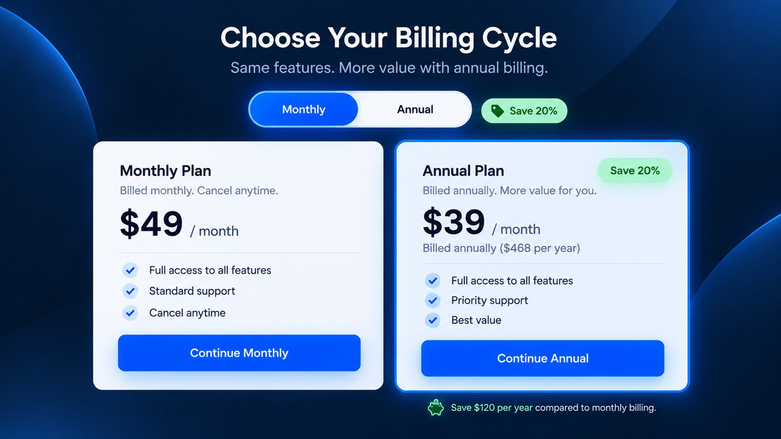 SaaS pricing interface showing clear monthly and annual billing options