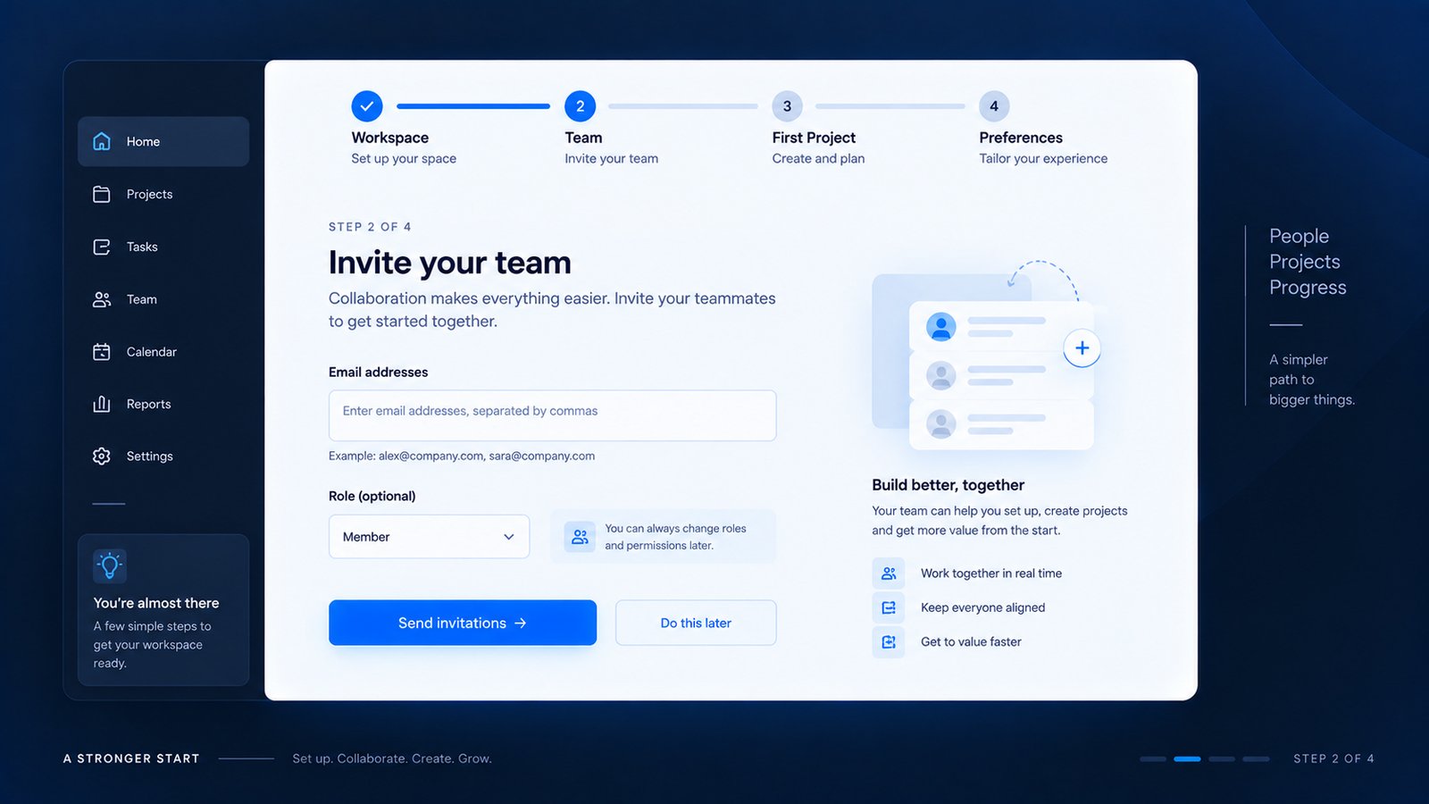 SaaS onboarding interface with clear step-based progress and current-step emphasis.