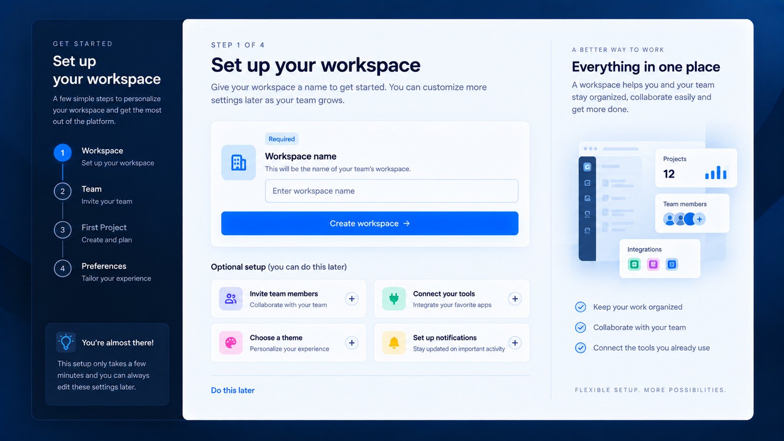 Onboarding UX showing required setup separately from optional tasks.