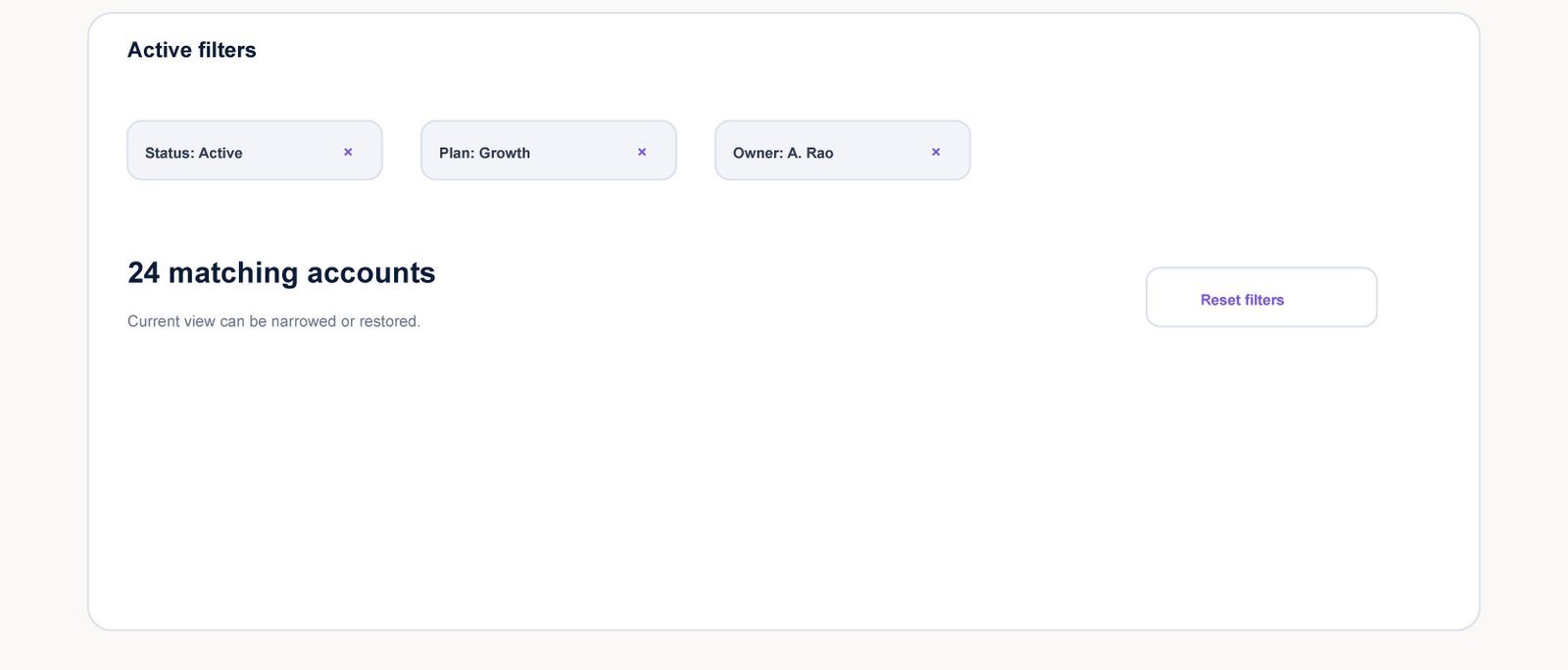 Reversible filtering keeps active conditions visible and gives users a clear path back to the broader dataset.